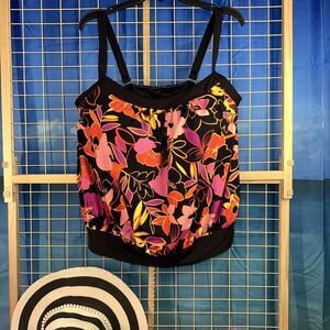 Land's End Women's 18W Tankini Swim Top Black Bright Floral Print Built in Bra